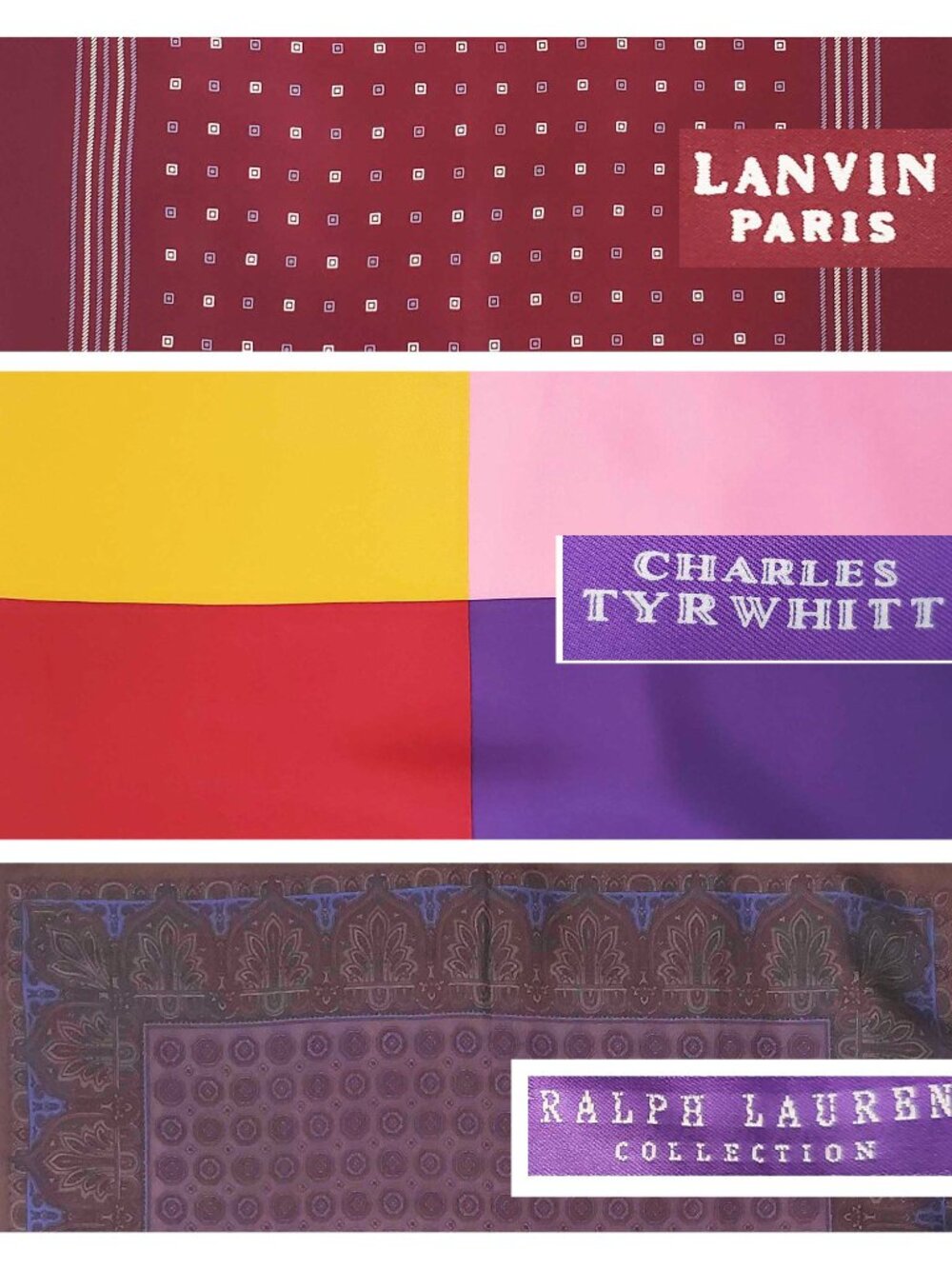 Ralph Lauren Lanvin Charles Tyrwhitt Men's Set of 3 Silk Pocket Squares Designer